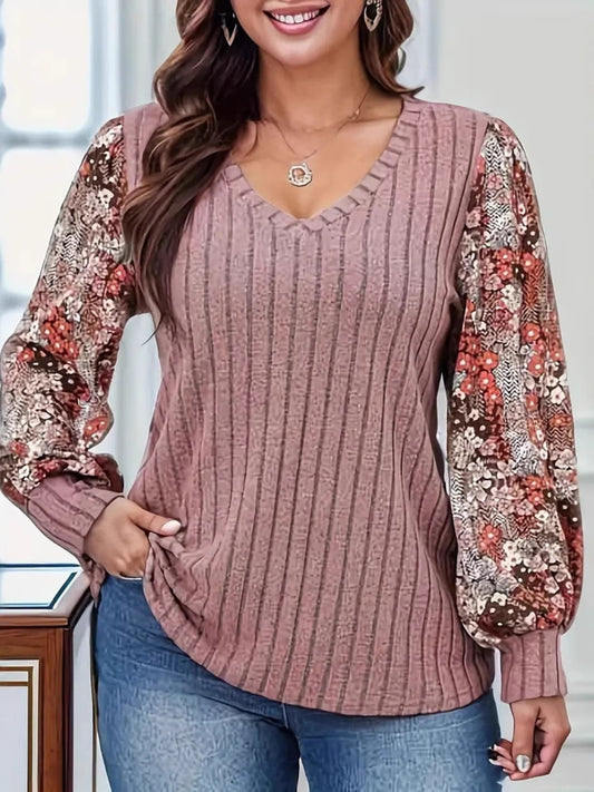Printed V-Neck Long Sleeve T-Shirt-Angel Casuals