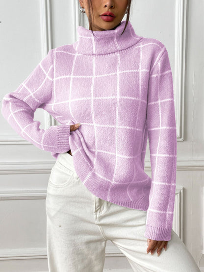 Plaid Turtleneck Long Sleeve Sweater-Angel Casuals