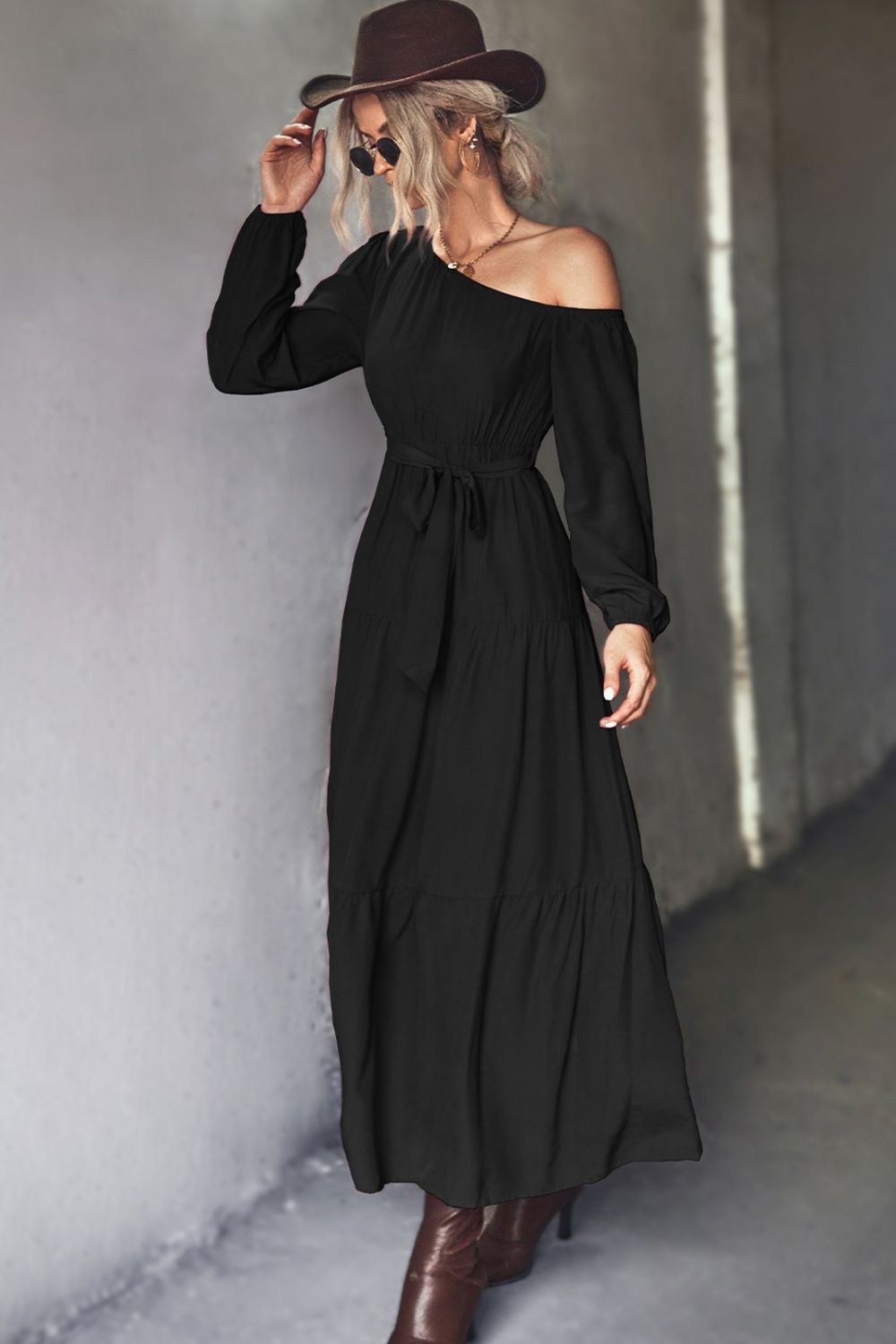 Belted One-Shoulder Tiered Maxi Dress-Angel Casuals