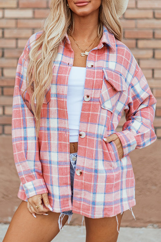 Plaid Button Up Long Sleeve Shacket-Angel Casuals