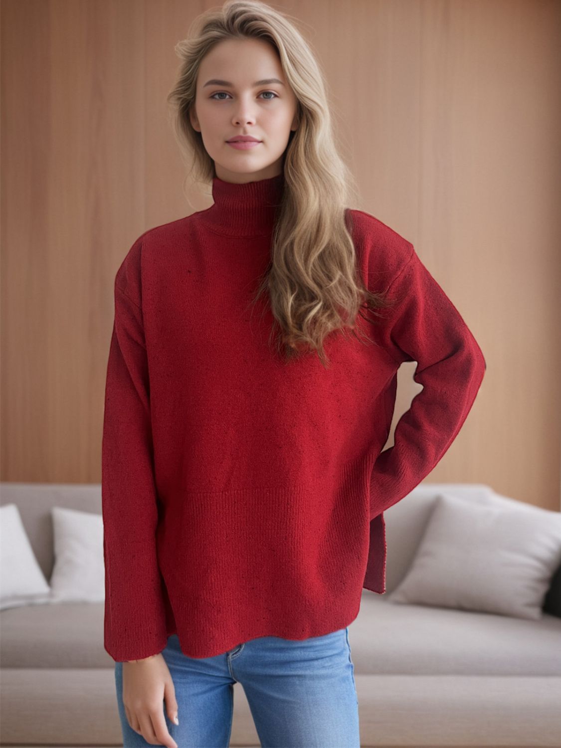 Side Slit Turtleneck Long Sleeve Sweater-Angel Casuals