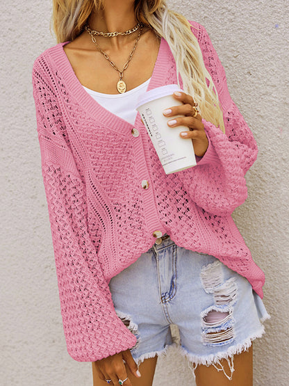 Openwork Button Front Cardigan-Angel Casuals