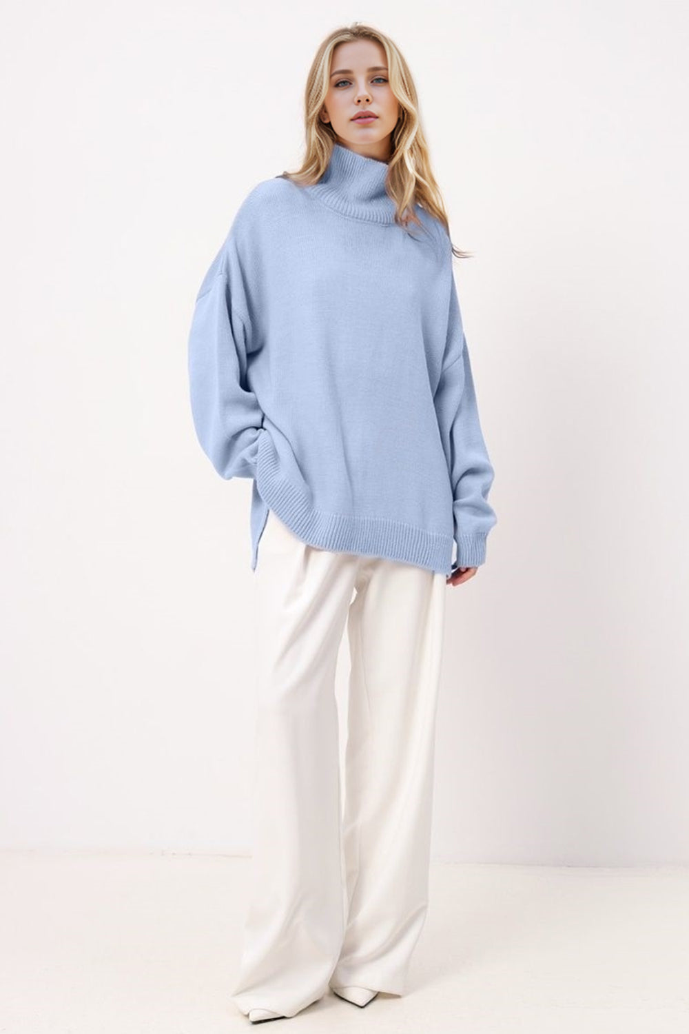 Basic Bae Side Slit Turtleneck Long Sleeve Sweater-Angel Casuals