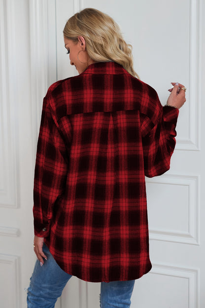 Plaid Button Up Dropped Shoulder Outerwear-Angel Casuals