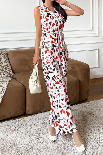 Printed Surplice Neck Sleeveless Jumpsuit-Angel Casuals