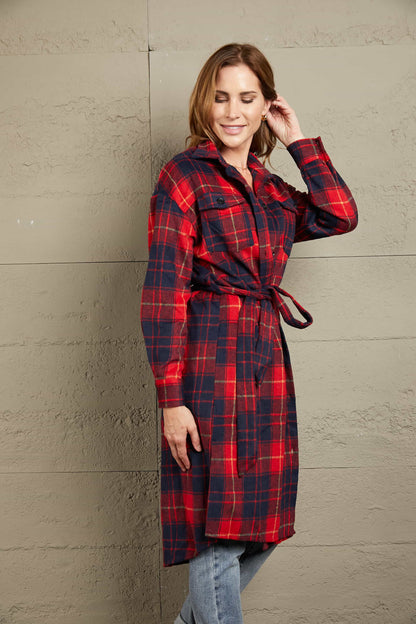 Plaid Belted Button Down Longline Shirt Jacket-Angel Casuals