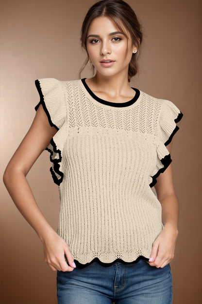 Ruffled Round Neck Cap Sleeve Knit Top-Angel Casuals