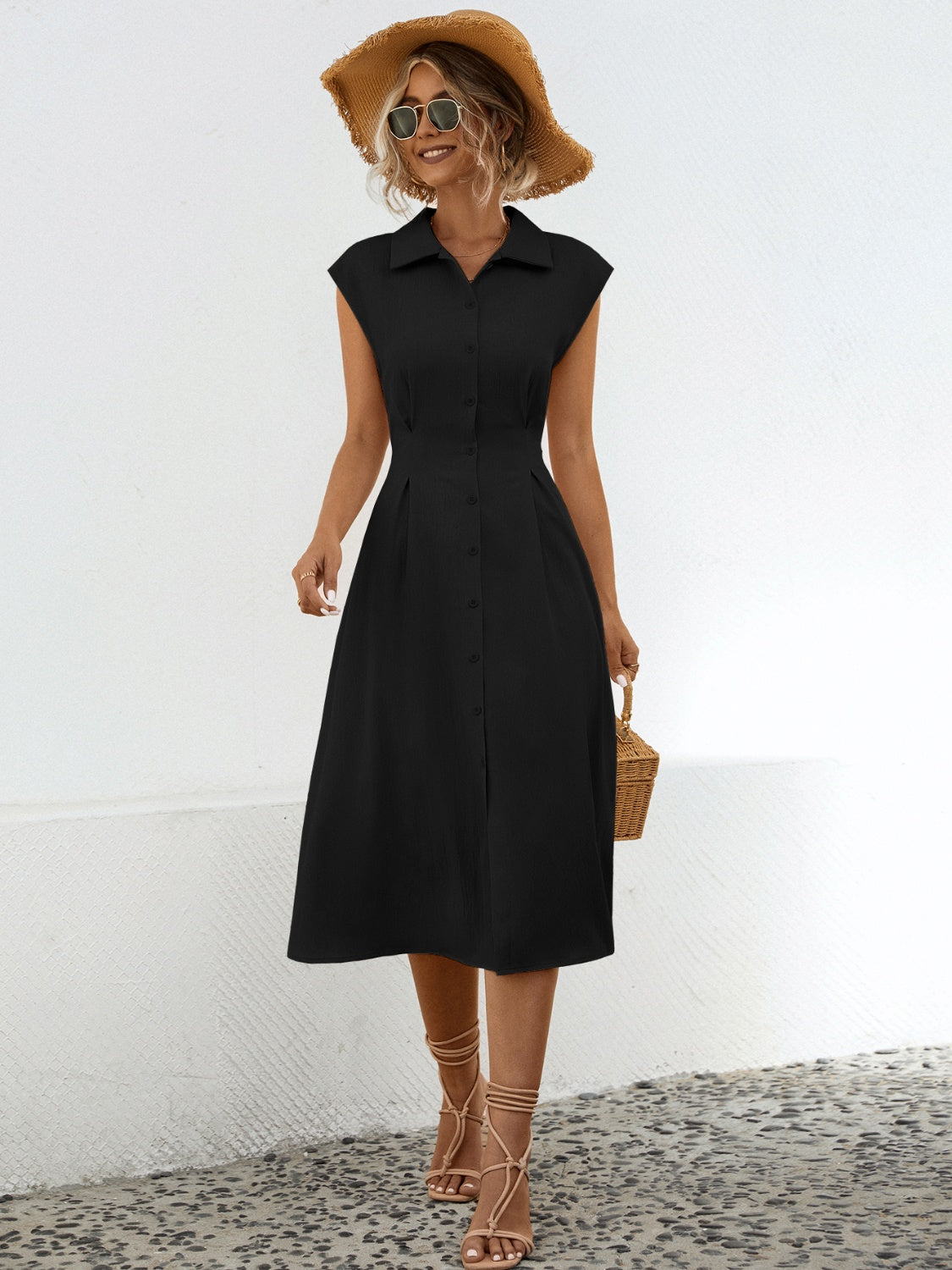 Button Up Cap Sleeve Midi Dress-Angel Casuals